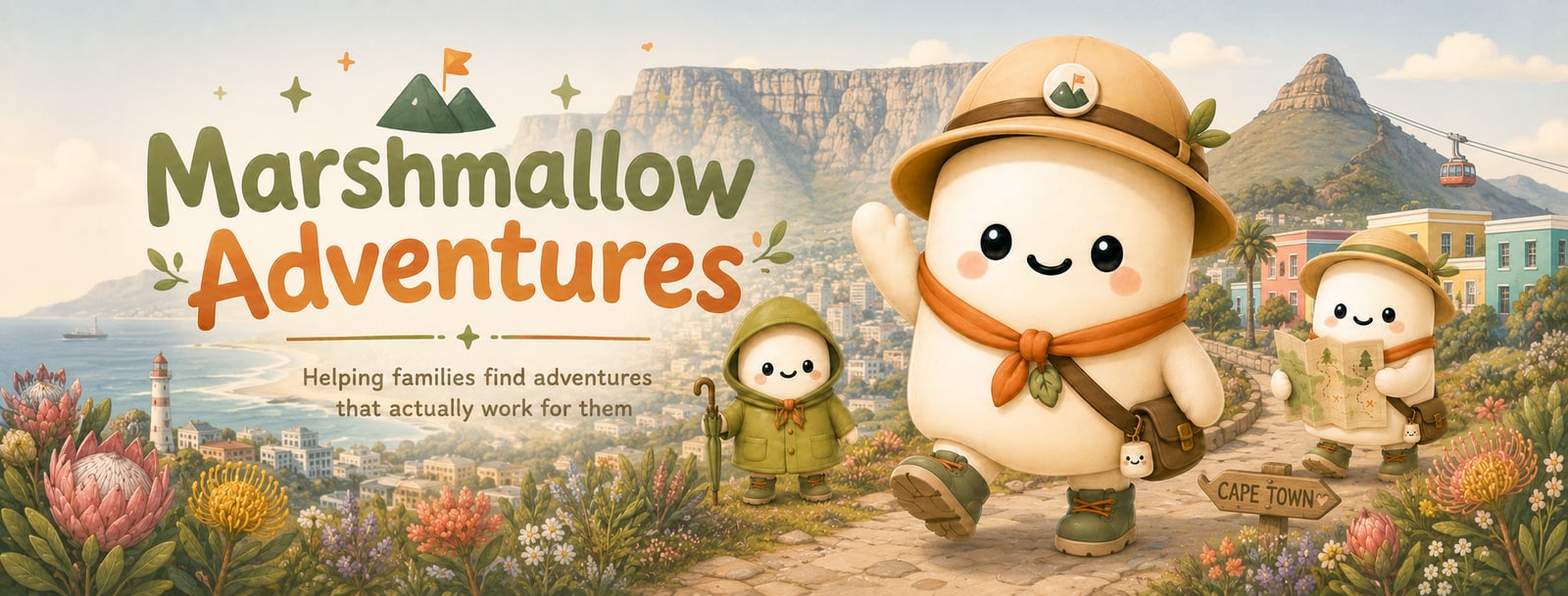 The Marshmallow explorer mascot, wearing a safari hat and orange neckerchief, walking a path above Cape Town with Table Mountain, colourful Bo-Kaap houses and protea flowers in view, next to the words 'Marshmallow Adventures β Helping families find adventures that actually work for them'
