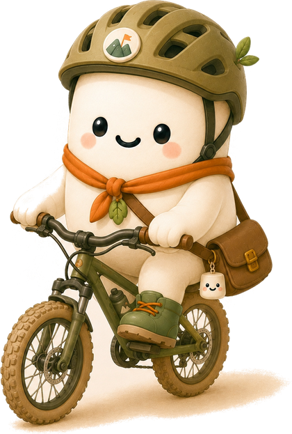 The Marshmallow explorer mascot cycling along, helmet and satchel on