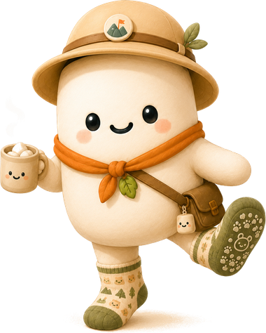 The Marshmallow explorer mascot holding a mug of hot chocolate with tiny marshmallows